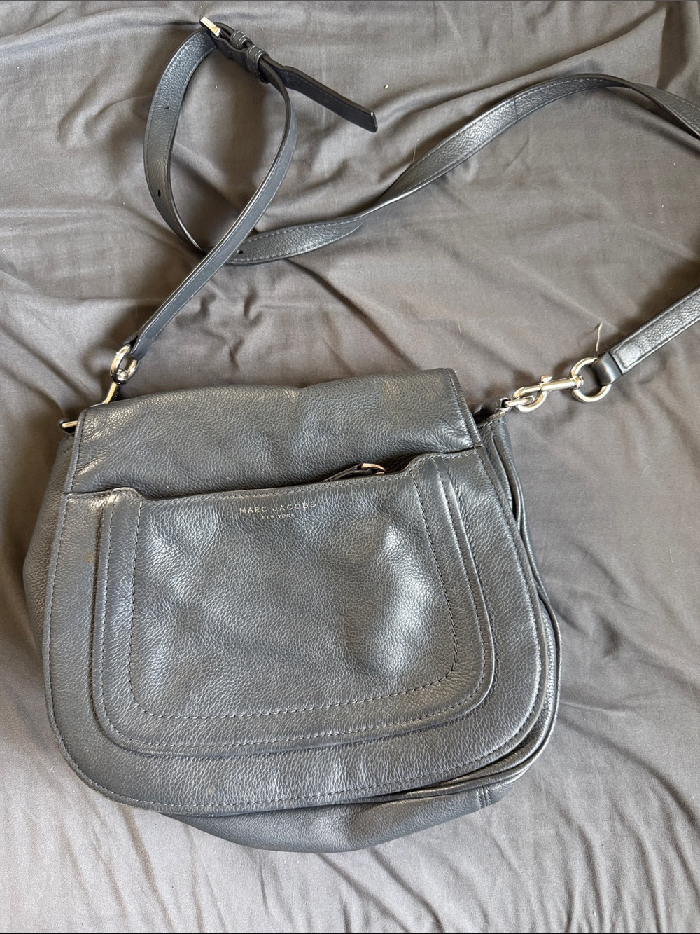 Marc Jacobs Grayish Blue Pebbled Leather Crossbody Saddle Crossbody Bag